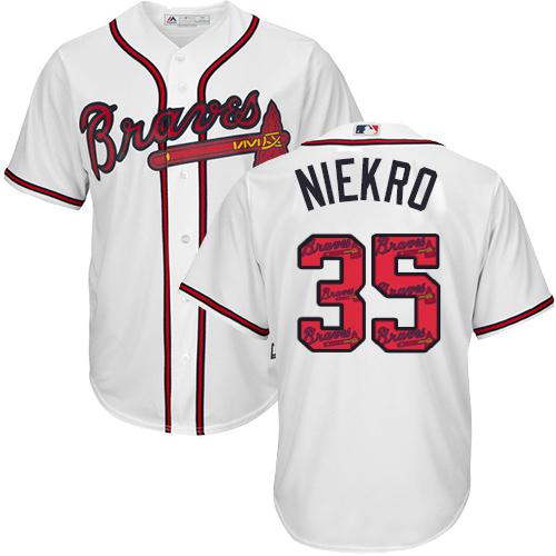 Braves #35 Phil Niekro White Team Logo Fashion Stitched MLB Jersey - Click Image to Close